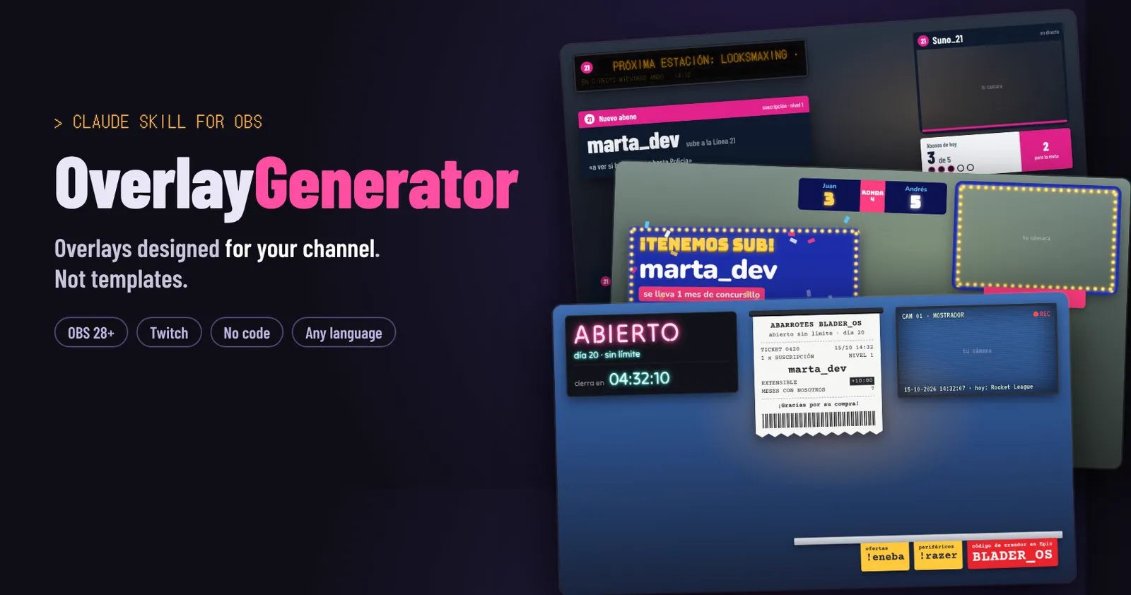 OverlayGenerator · OBS overlays for Twitch designed for your channel with Claude